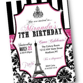 Paris Birthday Invitation with Eiffel Tower in Pink and Black - Birthday Invitation