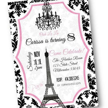Paris Birthday Party Invitation flyer with eiffel tower in pink and black paris theme - Birthday Invitation