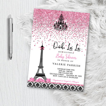 Paris Baby Shower Invitation flyer with pink and black damask eiffel tower Parisian themed invites Printed or Printable