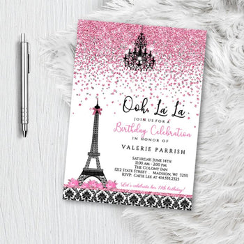 Paris Birthday Invitation Party flyer with pink and black damask eiffel tower Parisian themed invites Printed or Printable