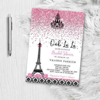 Paris Bridal Shower Invitation flyer with pink and black damask eiffel tower Parisian themed invites Printed or Printable