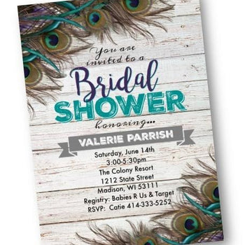 Peacock Bridal Shower Invitation flyer rustic with teal - Bridal Shower Invitation