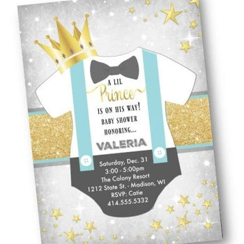 Prince Baby Shower Invitation Gold and light blue Lil Prince onesie Little Prince invite flyer - Baby Shower Invitation