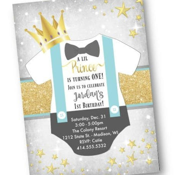Prince Birthday Invitation Little Prince Gold and light blue onesie Royal invite flyer - Birthday Invitation