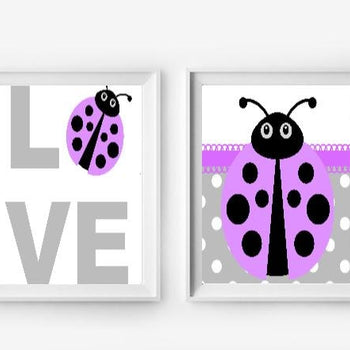Purple Ladybug Wall Art Prints - Set of 2 - Girls Bedroom Pictures