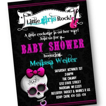 Rockstar Sugar Skull Baby Shower Invitation Flyer Little Girls Rock Skull Invite - Holiday Invitation