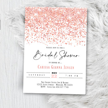 Rose Gold Bridal Shower Invitation, Glitter Confetti Pink Blush Sparkles Printed Wedding Invites