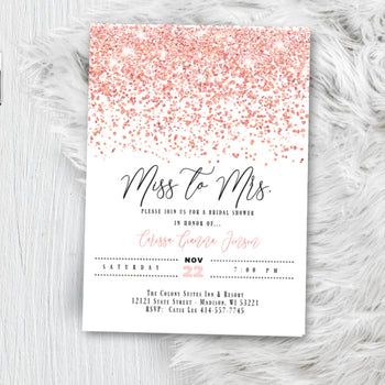 Rose Gold Bridal Shower Invitation, Miss to Mrs. Glitter Confetti Pink Blush Sparkles Printed Wedding Invites