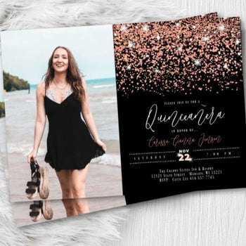 Rose Gold Sweet 16 Invitation with Photo Quinceanera Printed Invites Rose Gold or Gold Sixteenth Birthday Invitation with Photo Glitter