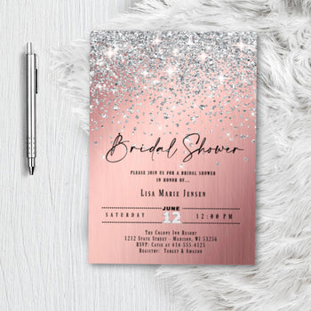 Rose Gold Bridal Shower Invitation, Miss to Mrs Glitter Confetti Pink and silver Blush Sparkles Printed Wedding Invites