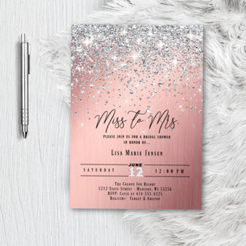 Rose Gold Bridal Shower Invitation, Miss to Mrs. Glitter Confetti Pink and silver Blush Sparkles Printed Wedding Invites