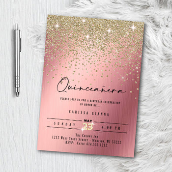 Rose Gold Sweet 16 invitation, Quinceanera Invitation, Sweet Sixteen Birthday Invite, Sweet 15 Pink and Gold Sparkle Confetti Glitter Printed Invitations