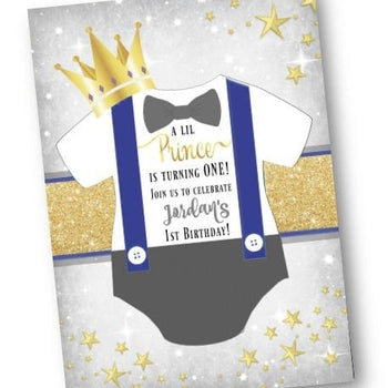 Royal Prince Birthday Invitation Little Prince invite flyer onesie with gold and blue - Birthday Invitation