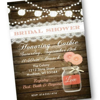 Rustic Coral Mason Jar Bridal Shower Invitation Flyer with Wood and Lace - Bridal Shower Invitation