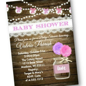 Rustic Mason Jar Pink Baby Shower Invitation Flyer with Wood and Lace - Baby Shower Invitation