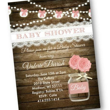 Rustic Pink Mason Jar Baby Shower Invitation with Wood Flyer - Baby Shower Invitation