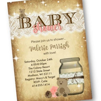 Rustic Pink Teddy Bear Mason Jar Baby Shower Invitation Flyer - Baby Shower Invitation