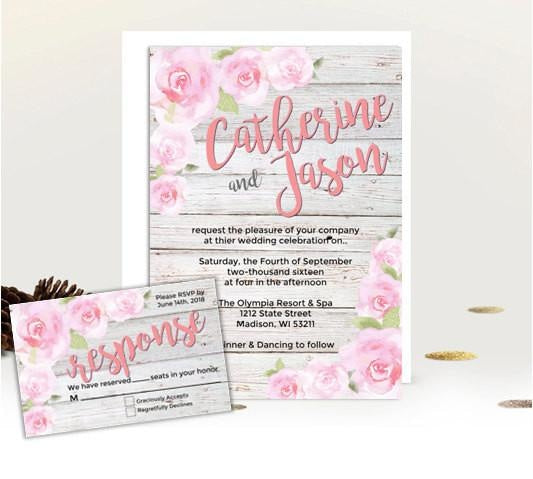 Roxx Designs - Rose Bridal Shower Invitation - Garden pink rose blush  bridal invite - Roxx Designs
