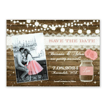 Rustic Save the Date Invitation Blush Pink Wood Mason Jar with Photo Wedding Card - Save the Date