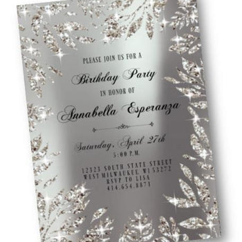Silver Birthday Invitation - Silver Leaf Sparkly Sweet 16 or ANY Age party invite - glitter digital printable or printed - Birthday