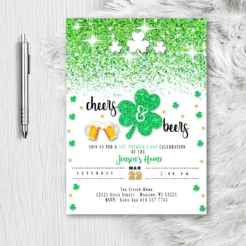 St. Patricks Day Party Invitation Lucky Cheer and Beers Adult Birthday Invitation Shamrock Printed or Printable Invite - Holiday Invitation
