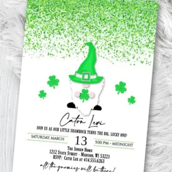 St. Patricks Day Party Invitation Lucky One Birthday Invitation Shamrock Gnome Printed or Printable Invite - Holiday Invitation