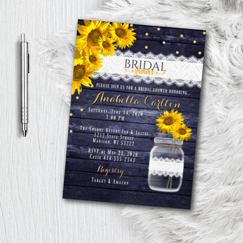 Sunflower Bridal Shower Invitation - Printed or Printable Sunflower Navy gold Rustic Mason Jar Bridal Shower Invites