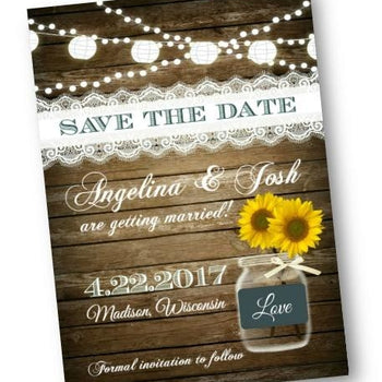 Sunflower Save The Date Wedding Invitation with Rustic Wood and Mason Jar - Save the Date