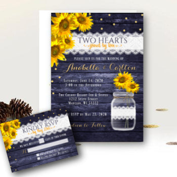Sunflowwer Wedding Invitation Set with RSVP, Rustic Mason Jar, Floral Wood and Lace Country Barn Printed Yellow and Navy with Gold Invitations
