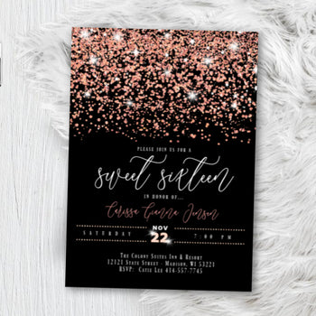 Rose Gold Sweet 16 Invitation, Quinceanera Birthday Invite, Pink Black Sparkle Confetti Glitter Printed Invitations