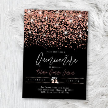 Rose Gold Quinceanera Invitation, Sweet 16 Birthday Invite, Pink Black Sparkle Confetti Glitter Printed Invitations