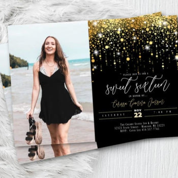Sweet 16 Photo Invitation Quinceanera Printed Invites Rose Gold or Gold Sixteenth Birthday Invitation with Photo Glitter Script - Birthday