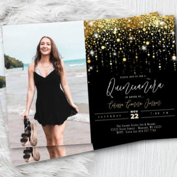 Sweet 16 Photo Invitation Quinceanera Printed Invites Rose Gold or Gold Sixteenth Birthday Invitation with Photo Glitter Script - Birthday