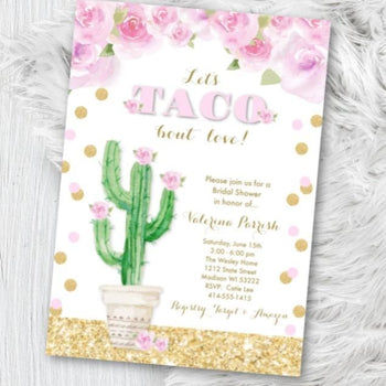 Taco Bout love Bridal Shower Invitation Fiesta Taco Mexican Themed Hens Party Invite Pink and Gold Cactus Floral Wedding Printed Printable -