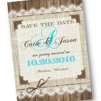 Teal Burlap And Lace Save the Date Wedding Invitation with Monogram - Save the Date