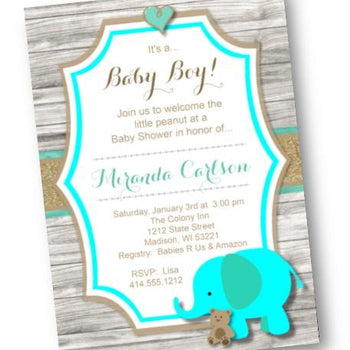 Teal Elephant Baby Shower Invitation for Boy or Gender Nuetral - Baby Shower Invitation
