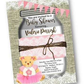 Teddy Bear Mason Jar Girl Baby Shower Invitation Flyer - Baby Shower Invitation