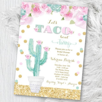 Twin Baby Shower Invitation Taco Bout Twins Pink and Mint Green Baby Shower Invite Fiesta Taco Mexican Themed Party Invite Gold Pink and