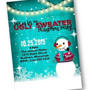 Ugly Sweater Party Invitation with Snowman in blue - Holiday Invitation