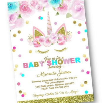 Unicorn Baby Shower Invitation Gold Pink Purple and Teal Shower Invite for Girl - Baby Shower Invitation