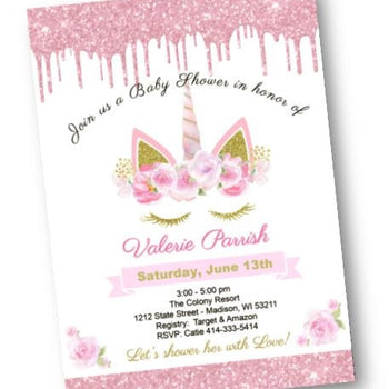 Unicorn Baby Shower Invitation with Sparkles - Glitter Pink and Gold Shower Invite for Baby Girl - Baby Shower Invitation