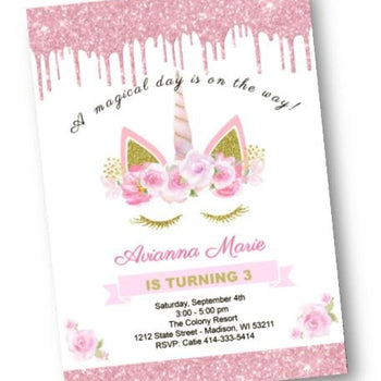 Unicorn Birthday Invitation - Pink and Gold Sparkle Glitter Party Invites - Fantasy Unicorn Eyelashes Magical Day Invite - Birthday