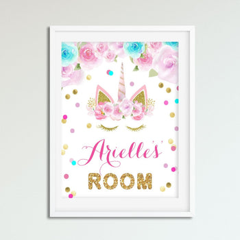 Unicorn Wall Art - Pink and Gold and Teal - Girls Bedroom Decor - Personalized Name Wall Picture