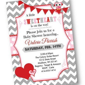 Valentines Day Baby Shower Invitation with owl and pink and red chevron - Baby Shower Invitation