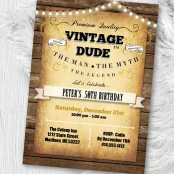 Vintage Dude Adult Birthday Invitation for Men - 40th - 50th - 60th - 70th - ANY AGE - Vintage and Gold Birthday Party Invite - Birthday