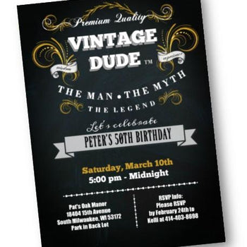 Vintage Dude Birthday Invitation for Men - 40th - 50th - 60th - 70th - ANY AGE - Black and Gold Birthday Party Invite - Birthday Invitation