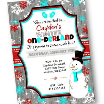Winter One-derland Boy 1st Birthday Invitation with Snowman - Holiday Invitation
